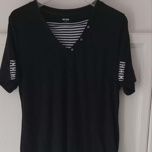 Alia black short sleeve cotton blend V-neck blouse/top size L - Picture 1 of 5